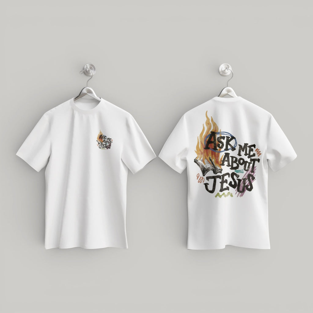 Revel white 100% cotton graphic t-shirt with "Ask Me About Jesus" text and flame graphic on back and chest.
